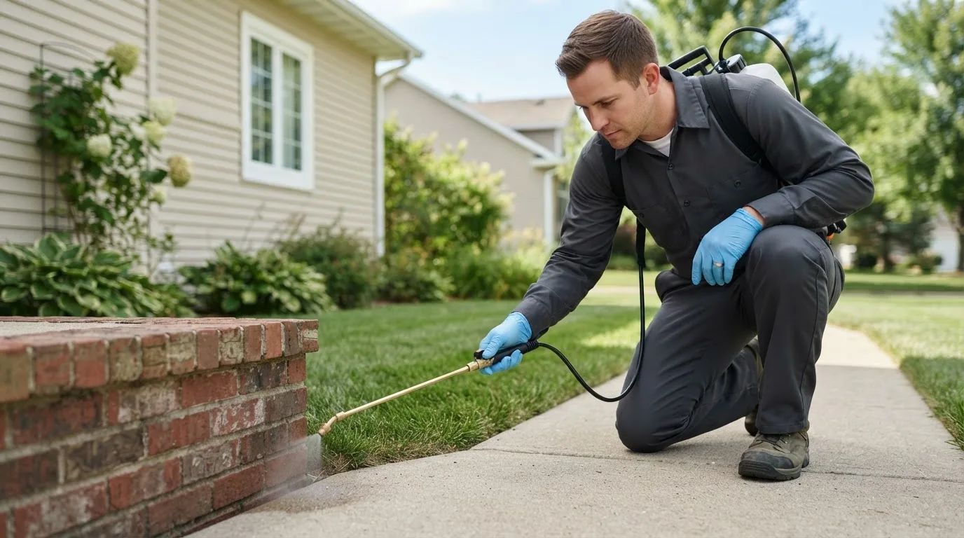 Pest control technician treating a home near La Follette, TN